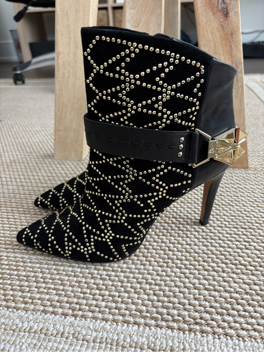 Sam Edelman Black Studded Pointed-Toe Ankle Booties with Gold Accents - Picture 2 of 11